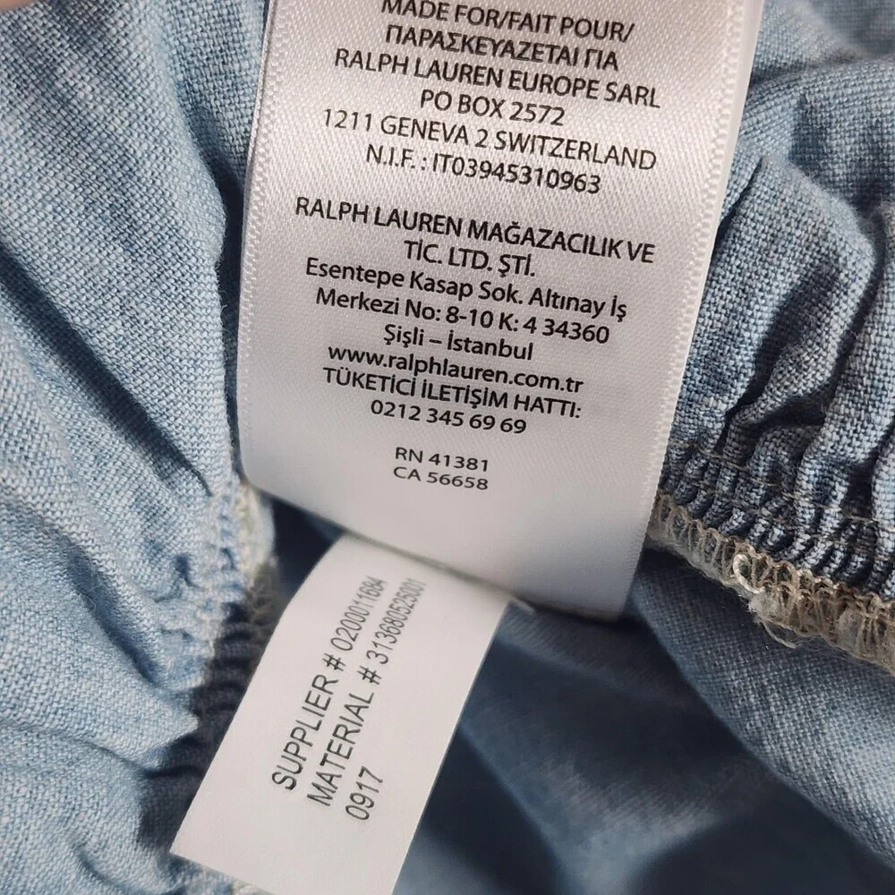 Polo Ralph Lauren Dress Girls 10 Blue Chambray Shirt Dress Drop Waist Ruffle Hem